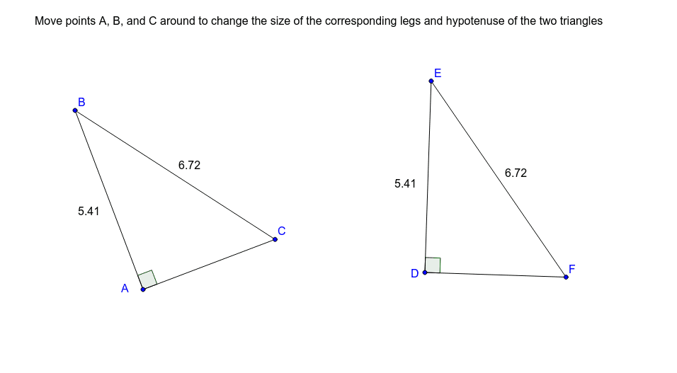 Right triangles with same hypotenuses and corresponding other side of the same length. Always congruent? Press Enter to start activity