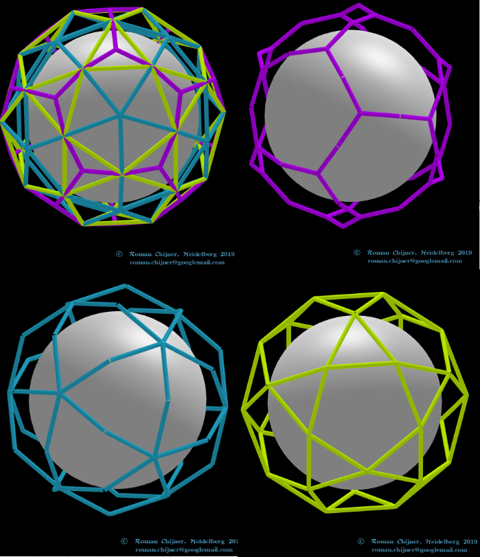 projections of segments projections of faces of the dual of the Biscribed Pentakis Dodecahedron(7) - Disdyakis triacontahedron(n=62) on sphere surface: Segments 1-3