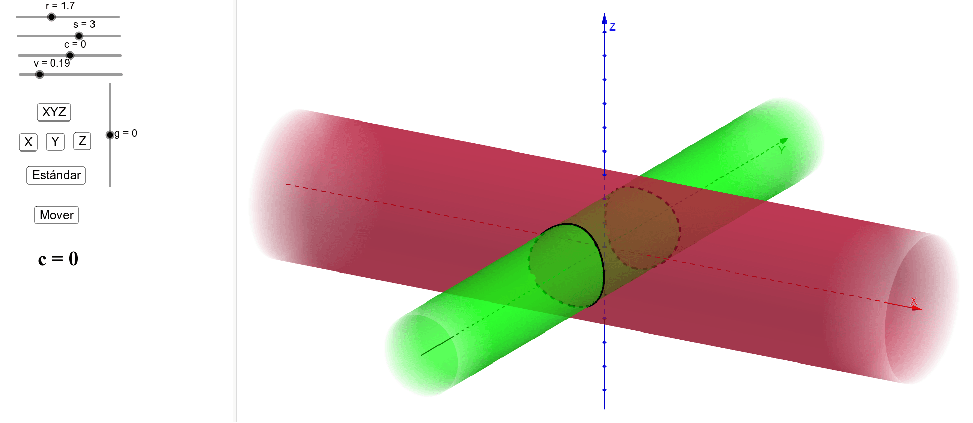Intersección de dos cilindros (caso 1º) GeoGebra