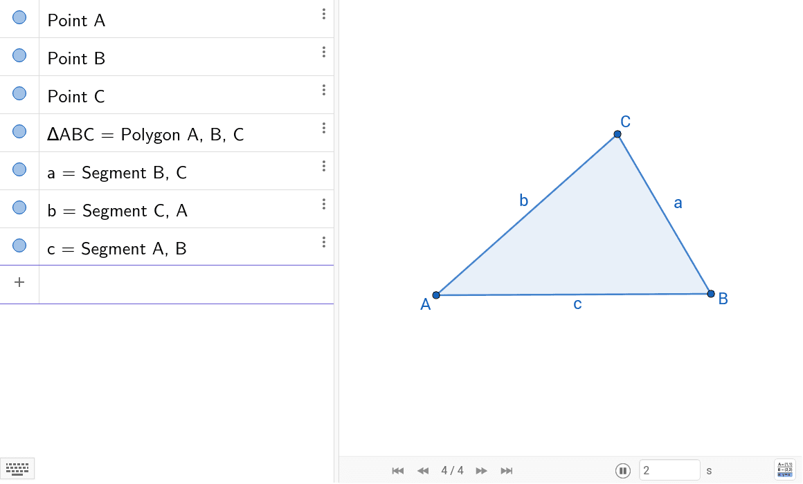 Konstruiere den Umkreis zum Dreieck ABC, also den Kreis, auf dem alle Eckpunkte des Dreiecks liegen. Nutze dazu die Konstruktionsbeschreibung, gib also alle Kontruktionsschritte links in die Eingabezeile als Befehl ein. Drücke die Eingabetaste um die Aktivität zu starten