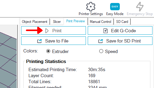 After slicing, you can print the 3D model, save the GCODE to your computer or save the GCODE to an SD card.