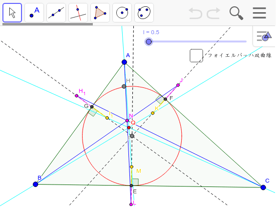 スライダーをクリックして矢印キーで動かして刈屋点（QとN）の軌跡を調べてみよう。 赤い線の長さは同じで、内接円の接点から垂直。 この点の軌跡は双曲線を描く。 この双曲線をフォイエルバッハ双曲線という。 ＨＧ＝ＪＦ＝ＬＥ ワークシートを始めるにはEnter キーを押してください。