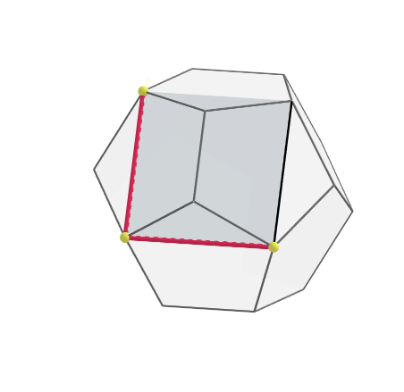 La imagen muestra  tres vértices coplanarios del dodecaedro que definen una cara del cubo inscrito.