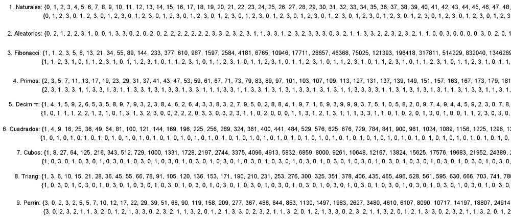 La secuencia de números aleatorios se ha generado directamente entre 0 y 4
La sucesión de Perrin comienza con 3, 0, 2 y cada nuevo término se calcula como a[sub]n[/sub]=a[sub]n-3[/sub]+a[sub]n-2[/sub]
