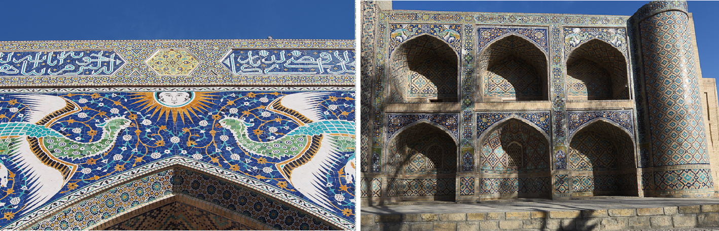 left: fantasy birds on the spandrel of the entrance gate.
right: fantasy birds on the spandrels of the gallery of the madrassa.